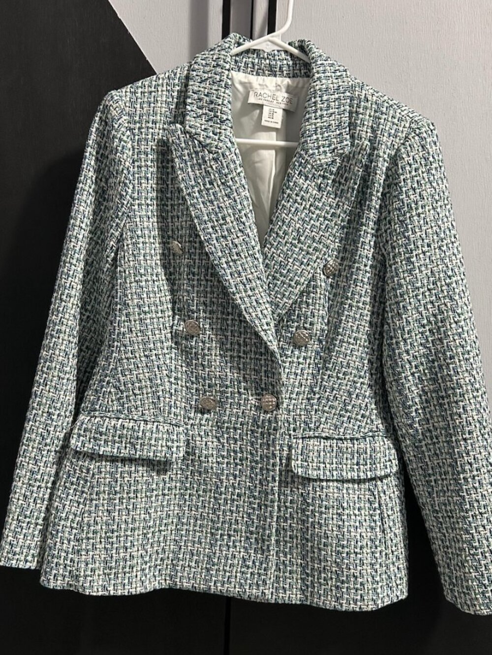 Rachel Zoe Double-Breasted Boucle Tweed Blazer White/Greens/Blues *READ* Wmn's M
